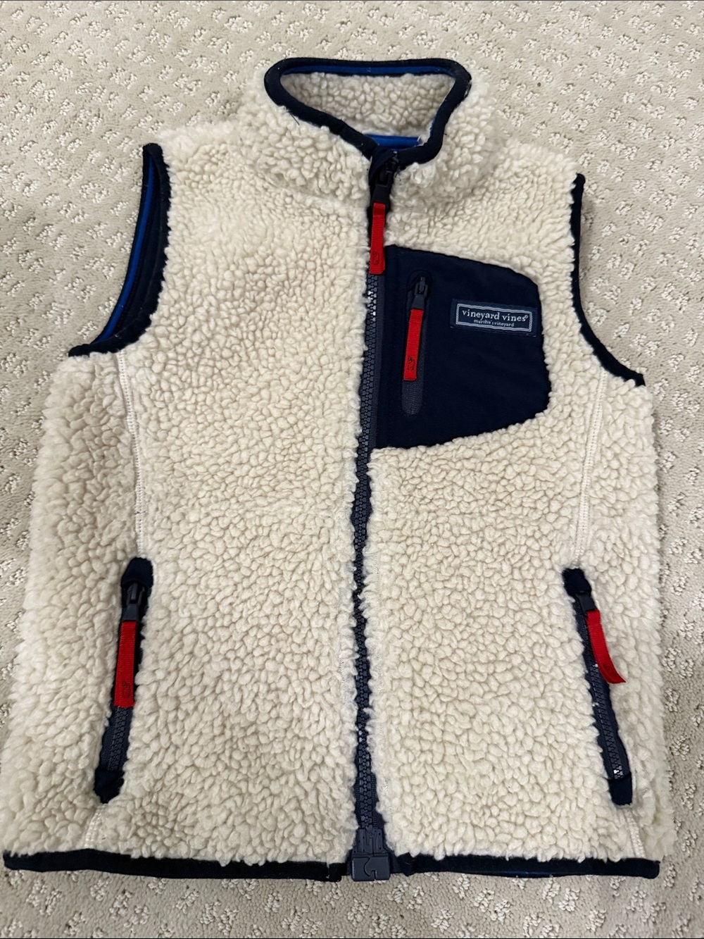 Vineyard Vines Kids Cream Sherpa Vest with Navy Trim and Red Accents